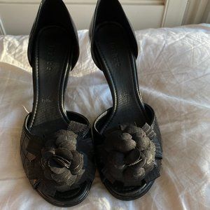 black heels with rose decal